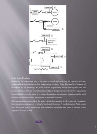 At the Motor Terminals:
Connecting the power capacitors to the motor terminals and switching the capacitors with the
motor load is a very effective method for correcting the power factor. The benefits of this type of
installation are the following: No extra switches or protective devices are required, and line
losses are reduced from the point of connection back to the power source. Corrective capacitance
is supplied only when the motor is operating. In addition, the correction capacitors can be sized
based on the motor nameplate information, as previously discussed.
If the capacitors are connected on the motor side of the overloads, it will be necessary to change
the overloads to retain proper overload protection of the motor. A word of caution: With certain
types of electric motor applications, this method of installation can result in damage to the
capacitors or motor or both.
EACM
5
 