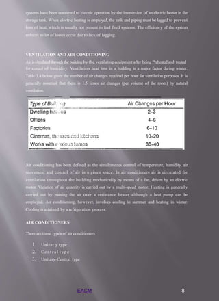 systems have been converted to electric operation by the immersion of an electric heater in the
storage tank. When electric heating is employed, the tank and piping must be lagged to prevent
loss of heat, which is usually not present in fuel fired systems. The efficiency of the system
reduces as lot of losses occur due to lack of lagging.
VENTILATION AND AIR CONDITIONING
Air is circulated through the building by the ventilating equipment after being Preheated and treated
for control of humidity. Ventilation heat loss in a building is a major factor during winter:
Table 3.4 below gives the number of air changes required per hour for ventilation purposes. It is
generally assumed that there is 1.5 times air changes (per volume of the room) by natural
ventilation.
Air conditioning has been defined as the simultaneous control of temperature, humidity, air
movement and control of air in a given space. In air conditioners air is circulated for
ventilation throughout the building mechanical1y by means of a fan, driven by an electric
motor. Variation of air quantity is carried out by a multi-speed motor. Heating is generally
carried out by passing the air over a resistance heater although a heat pump can be
employed. Air conditioning, however, involves cooling in summer and heating in winter.
Cooling is attained by a refrigeration process.
AIR CONDITIONERS
There are three types of air conditioners
1. Unitar y type
2. Ce nt r a l t yp e
3. Unitary-Central type
EACM 8
 