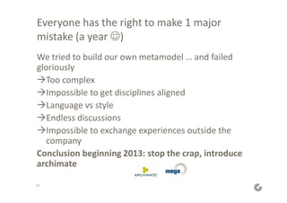 Everyone has the right to make 1 major
mistake (a year )
We tried to build our own metamodel … and failed
gloriously
Too complex
Impossible to get disciplines aligned
Language vs style
Endless discussions
Impossible to exchange experiences outside the
company
Conclusion beginning 2013: stop the crap, introduce
archimate
16
 