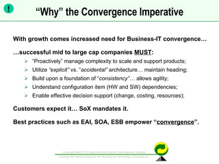With growth comes increased need for Business-IT convergence…  … successful mid to large cap companies  MUST : “ Proactively” manage complexity to scale and support products; Utilize  “explicit”  vs. “ accidental”  architecture… maintain heading; Build upon a foundation of “ consistency”…  allows agility; Understand configuration item (HW and SW) dependencies; Enable effective decision support (change, costing, resources); Customers expect it… SoX mandates it. Best practices such as EAI, SOA, ESB empower “ convergence ”. “ Why” the Convergence Imperative ! 