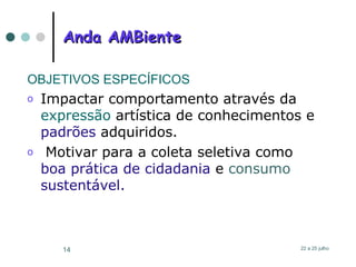 Anda AMBiente OBJETIVOS ESPECÍFICOS  Impactar comportamento através da  expressão  artística de conhecimentos e  padrões  adquiridos.  Motivar para a coleta seletiva como  boa prática de cidadania  e  consumo   sustentável. 