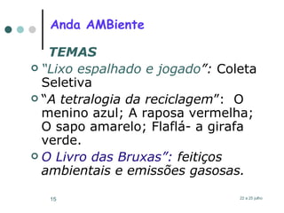 Anda AMBiente TEMAS “ Lixo espalhado e jogado ”:  Coleta Seletiva “ A tetralogia da reciclagem ”:  O menino azul; A raposa vermelha; O sapo amarelo; Flaflá- a girafa verde. O Livro das Bruxas”:  feitiços ambientais e emissões gasosas. 