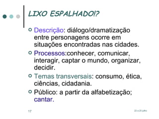 LIXO ESPALHADO!? Descrição : diálogo/dramatização entre personagens ocorre em situações encontradas nas cidades. Processos :conhecer, comunicar, interagir, captar o mundo, organizar, decidir. Temas transversais : consumo, ética, ciências, cidadania. Público : a partir da alfabetização;  cantar. 