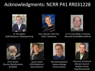 Acknowledgments: NCRR P41 RR031228




         PI: Trey Ideker             Exec. Director: Alex Pico     co- PI: Gary Bader, U Toronto
  UCSD Medicine / Bioengineering        UCSF / Gladstone          Donnelly CtrMol&BiomolRsrch




     Chris Sander             James Fowler          BennoSchwikowski       Chairman of External
Director Bioinformatics     UCSD Medicine /          Systems Biology        Advisory Council:
       @ MSKCC               Social Sciences         Institut Pasteur        Stephen Friend,
                                                                            Sage Bionetworks
 