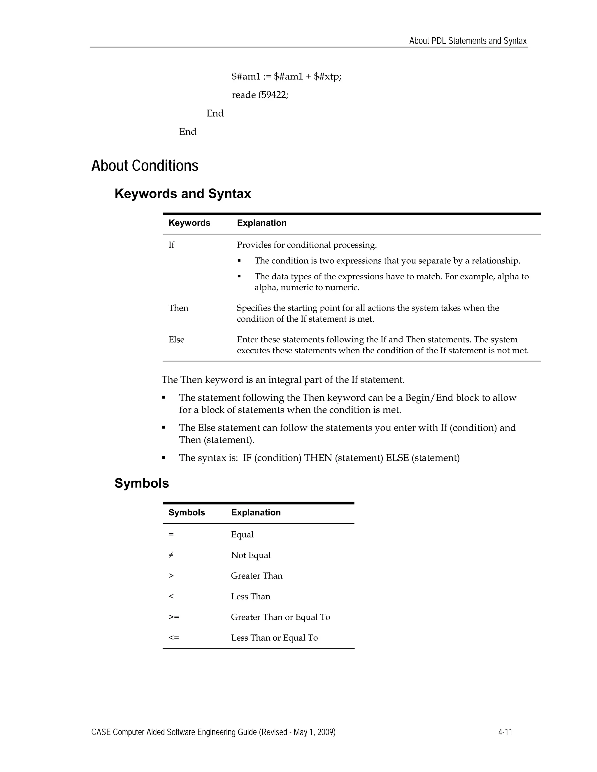 About PDL Statements and Syntax
$#am1 := $#am1 + $#xtp;
reade f59422;
End
End
About Conditions
Keywords and Syntax
Keywords Explanation
If 	 Provides for conditional processing.
 The condition is two expressions that you separate by a relationship.
 The data types of the expressions have to match. For example, alpha to
alpha, numeric to numeric.
Then 	 Specifies the starting point for all actions the system takes when the
condition of the If statement is met.
Else 	 Enter these statements following the If and Then statements. The system
executes these statements when the condition of the If statement is not met.
The Then keyword is an integral part of the If statement.
 The statement following the Then keyword can be a Begin/End block to allow
for a block of statements when the condition is met.
 The Else statement can follow the statements you enter with If (condition) and
Then (statement).
 The syntax is: IF (condition) THEN (statement) ELSE (statement)
Symbols
Symbols Explanation
= Equal
≠ Not Equal
> Greater Than
< Less Than
>= Greater Than or Equal To
<= Less Than or Equal To
CASE Computer Aided Software Engineering Guide (Revised - May 1, 2009) 4-11
 