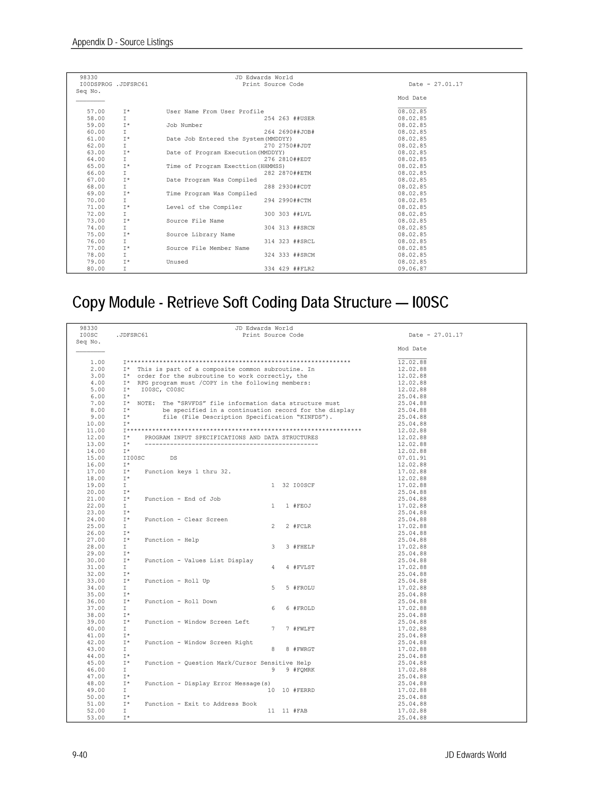 Appendix D - Source Listings
98330 JD Edwards World
I00DSPROG .JDFSRC61 Print Source Code Date - 27.01.17
Seq No.
________ Mod Date
________
57.00 I* User Name From User Profile 08.02.85
58.00 I 254 263 ##USER 08.02.85
59.00 I* Job Number 08.02.85
60.00 I 264 2690##JOB# 08.02.85
61.00 I* Date Job Entered the System(MMDDYY) 08.02.85
62.00 I 270 2750##JDT 08.02.85
63.00 I* Date of Program Execution(MMDDYY) 08.02.85
64.00 I 276 2810##EDT 08.02.85
65.00 I* Time of Program Execttion(HHMMSS) 08.02.85
66.00 I 282 2870##ETM 08.02.85
67.00 I* Date Program Was Compiled 08.02.85
68.00 I 288 2930##CDT 08.02.85
69.00 I* Time Program Was Compiled 08.02.85
70.00 I 294 2990##CTM 08.02.85
71.00 I* Level of the Compiler 08.02.85
72.00 I 300 303 ##LVL 08.02.85
73.00 I* Source File Name 08.02.85
74.00 I 304 313 ##SRCN 08.02.85
75.00 I* Source Library Name 08.02.85
76.00 I 314 323 ##SRCL 08.02.85
77.00 I* Source File Member Name 08.02.85
78.00 I 324 333 ##SRCM 08.02.85
79.00 I* Unused 08.02.85
80.00 I 334 429 ##FLR2 09.06.87
Copy Module - Retrieve Soft Coding Data Structure — I00SC 

98330 JD Edwards World
I00SC .JDFSRC61 Print Source Code Date - 27.01.17
Seq No.
________ Mod Date
________
1.00 I************************************************************** 12.02.88
2.00 I* This is part of a composite common subroutine. In 12.02.88
3.00 I* order for the subroutine to work correctly, the 12.02.88
4.00 I* RPG program must /COPY in the following members: 12.02.88
5.00 I* I00SC, C00SC 12.02.88
6.00 I* 25.04.88
7.00 I* NOTE: The “SRVFDS” file information data structure must 25.04.88
8.00 I* be specified in a continuation record for the display 25.04.88
9.00 I* file (File Description Specification “KINFDS”). 25.04.88
10.00 I* 25.04.88
11.00 I***************************************************************** 12.02.88
12.00 I* PROGRAM INPUT SPECIFICATIONS AND DATA STRUCTURES 12.02.88
13.00 I* ------------------------------------------------ 12.02.88
14.00 I* 12.02.88
15.00 II00SC DS 07.01.91
16.00 I* 12.02.88
17.00 I* Function keys 1 thru 32. 17.02.88
18.00 I* 12.02.88
19.00 I 1 32 I00SCF 17.02.88
20.00 I* 25.04.88
21.00 I* Function - End of Job 25.04.88
22.00 I 1 1 #FEOJ 17.02.88
23.00 I* 25.04.88
24.00 I* Function - Clear Screen 25.04.88
25.00 I 2 2 #FCLR 17.02.88
26.00 I* 25.04.88
27.00 I* Function - Help 25.04.88
28.00 I 3 3 #FHELP 17.02.88
29.00 I* 25.04.88
30.00 I* Function - Values List Display 25.04.88
31.00 I 4 4 #FVLST 17.02.88
32.00 I* 25.04.88
33.00 I* Function - Roll Up 25.04.88
34.00 I 5 5 #FROLU 17.02.88
35.00 I* 25.04.88
36.00 I* Function - Roll Down 25.04.88
37.00 I 6 6 #FROLD 17.02.88
38.00 I* 25.04.88
39.00 I* Function - Window Screen Left 25.04.88
40.00 I 7 7 #FWLFT 17.02.88
41.00 I* 25.04.88
42.00 I* Function - Window Screen Right 25.04.88
43.00 I 8 8 #FWRGT 17.02.88
44.00 I* 25.04.88
45.00 I* Function - Question Mark/Cursor Sensitive Help 25.04.88
46.00 I 9 9 #FQMRK 17.02.88
47.00 I* 25.04.88
48.00 I* Function - Display Error Message(s) 25.04.88
49.00 I 10 10 #FERRD 17.02.88
50.00 I* 25.04.88
51.00 I* Function - Exit to Address Book 25.04.88
52.00 I 11 11 #FAB 17.02.88
53.00 I* 25.04.88
9-40 JD Edwards World
 