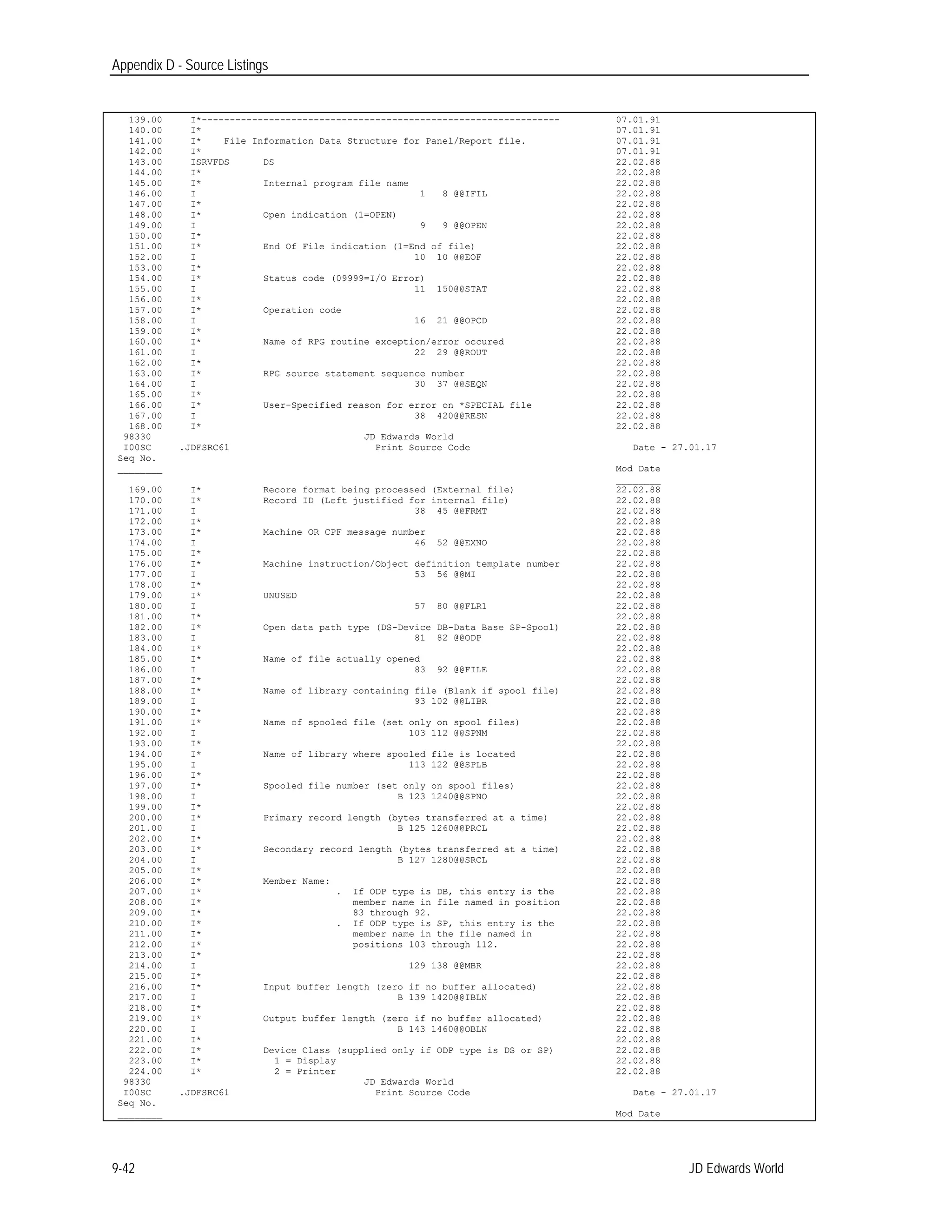 Appendix D - Source Listings
139.00 I*---------------------------------------------------------------- 07.01.91
140.00 I* 07.01.91
141.00
142.00
I*
I*
File Information Data Structure for Panel/Report file. 07.01.91
07.01.91
143.00 ISRVFDS DS 22.02.88
144.00 I* 22.02.88
145.00
146.00
147.00
I*
I
I*
Internal program file name
1 8 @@IFIL
22.02.88
22.02.88
22.02.88
148.00
149.00
150.00
I*
I
I*
Open indication (1=OPEN)
9 9 @@OPEN
22.02.88
22.02.88
22.02.88
151.00
152.00
153.00
I*
I
I*
End Of File indication (1=End of file)
10 10 @@EOF
22.02.88
22.02.88
22.02.88
154.00
155.00
156.00
I*
I
I*
Status code (09999=I/O Error)
11 150@@STAT
22.02.88
22.02.88
22.02.88
157.00
158.00
159.00
I*
I
I*
Operation code
16 21 @@OPCD
22.02.88
22.02.88
22.02.88
160.00
161.00
162.00
I*
I
I*
Name of RPG routine exception/error occured
22 29 @@ROUT
22.02.88
22.02.88
22.02.88
163.00
164.00
165.00
I*
I
I*
RPG source statement sequence number
30 37 @@SEQN
22.02.88
22.02.88
22.02.88
166.00
167.00
168.00
I*
I
I*
User-Specified reason for error on *SPECIAL file
38 420@@RESN
22.02.88
22.02.88
22.02.88
98330 JD Edwards World
I00SC .JDFSRC61 Print Source Code Date - 27.01.17
Seq No.
________ Mod Date
________
169.00
170.00
171.00
172.00
I*
I*
I
I*
Recore format being processed (External file)
Record ID (Left justified for internal file)
38 45 @@FRMT
22.02.88
22.02.88
22.02.88
22.02.88
173.00
174.00
175.00
I*
I
I*
Machine OR CPF message number
46 52 @@EXNO
22.02.88
22.02.88
22.02.88
176.00
177.00
178.00
I*
I
I*
Machine instruction/Object definition template number
53 56 @@MI
22.02.88
22.02.88
22.02.88
179.00 I* UNUSED 22.02.88
180.00
181.00
I
I*
57 80 @@FLR1 22.02.88
22.02.88
182.00
183.00
184.00
I*
I
I*
Open data path type (DS-Device DB-Data Base SP-Spool)
81 82 @@ODP
22.02.88
22.02.88
22.02.88
185.00
186.00
187.00
I*
I
I*
Name of file actually opened
83 92 @@FILE
22.02.88
22.02.88
22.02.88
188.00
189.00
190.00
I*
I
I*
Name of library containing file (Blank if spool file)
93 102 @@LIBR
22.02.88
22.02.88
22.02.88
191.00
192.00
193.00
I*
I
I*
Name of spooled file (set only on spool files)
103 112 @@SPNM
22.02.88
22.02.88
22.02.88
194.00
195.00
196.00
I*
I
I*
Name of library where spooled file is located
113 122 @@SPLB
22.02.88
22.02.88
22.02.88
197.00
198.00
199.00
I*
I
I*
Spooled file number (set only on spool files)
B 123 1240@@SPNO
22.02.88
22.02.88
22.02.88
200.00
201.00
202.00
I*
I
I*
Primary record length (bytes transferred at a time)
B 125 1260@@PRCL
22.02.88
22.02.88
22.02.88
203.00
204.00
205.00
I*
I
I*
Secondary record length (bytes transferred at a time)
B 127 1280@@SRCL
22.02.88
22.02.88
22.02.88
206.00 I* Member Name: 22.02.88
207.00
208.00
209.00
210.00
211.00
I*
I*
I*
I*
I*
.
.
If ODP type is DB, this entry is the
member name in file named in position
83 through 92.
If ODP type is SP, this entry is the
member name in the file named in
22.02.88
22.02.88
22.02.88
22.02.88
22.02.88
212.00
213.00
I*
I*
positions 103 through 112. 22.02.88
22.02.88
214.00
215.00
I
I*
129 138 @@MBR 22.02.88
22.02.88
216.00
217.00
218.00
I*
I
I*
Input buffer length (zero if no buffer allocated)
B 139 1420@@IBLN
22.02.88
22.02.88
22.02.88
219.00
220.00
221.00
I*
I
I*
Output buffer length (zero if no buffer allocated)
B 143 1460@@OBLN
22.02.88
22.02.88
22.02.88
222.00
223.00
224.00
I*
I*
I*
Device Class (supplied only if ODP type is DS or SP)
1 = Display
2 = Printer
22.02.88
22.02.88
22.02.88
98330 JD Edwards World
I00SC .JDFSRC61 Print Source Code Date - 27.01.17
Seq No.
________ Mod Date
9-42 JD Edwards World
 