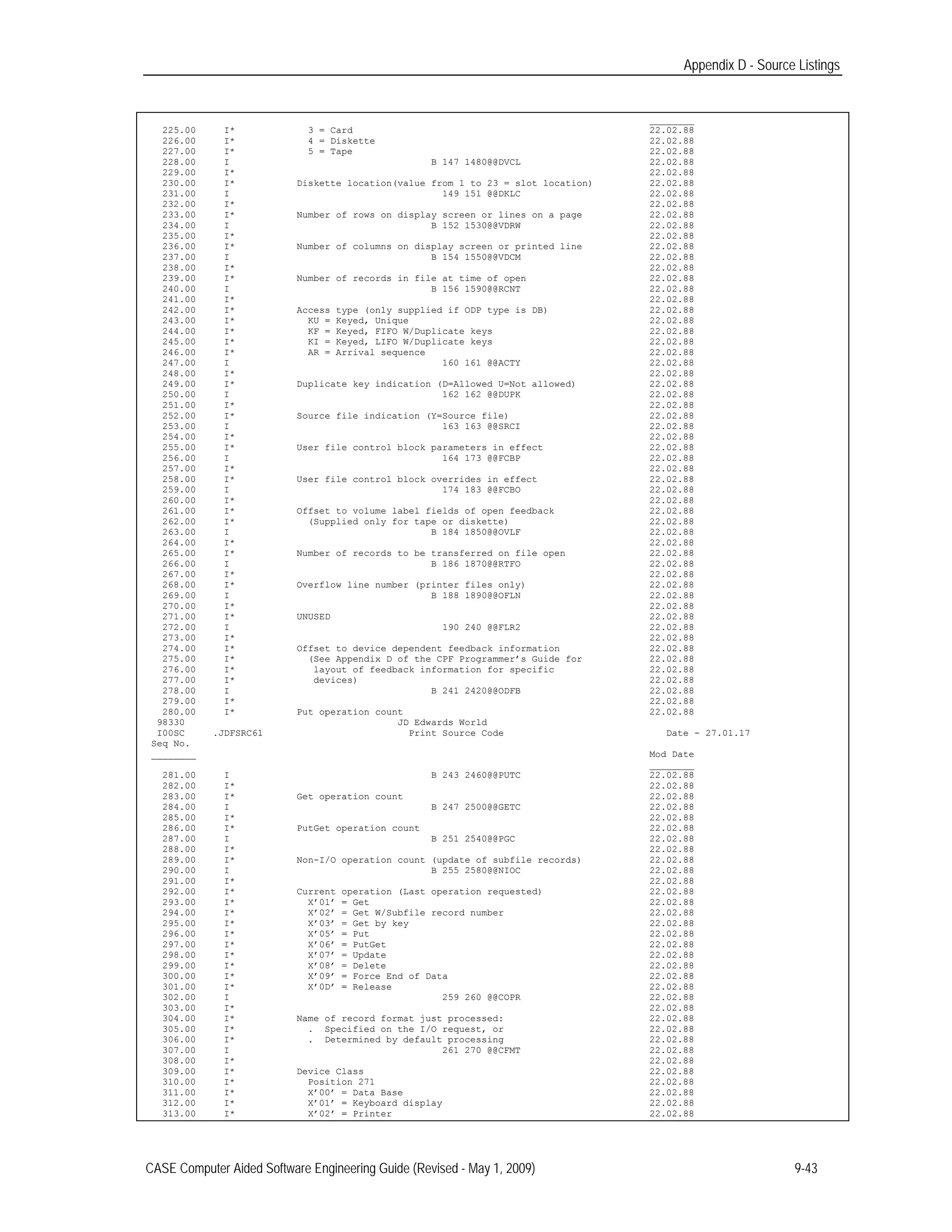 Appendix D - Source Listings
________
225.00 I* 3 = Card 22.02.88
226.00 I* 4 = Diskette 22.02.88
227.00 I* 5 = Tape 22.02.88
228.00 I B 147 1480@@DVCL 22.02.88
229.00 I* 22.02.88
230.00 I* Diskette location(value from 1 to 23 = slot location) 22.02.88
231.00 I 149 151 @@DKLC 22.02.88
232.00 I* 22.02.88
233.00 I* Number of rows on display screen or lines on a page 22.02.88
234.00 I B 152 1530@@VDRW 22.02.88
235.00 I* 22.02.88
236.00 I* Number of columns on display screen or printed line 22.02.88
237.00 I B 154 1550@@VDCM 22.02.88
238.00 I* 22.02.88
239.00 I* Number of records in file at time of open 22.02.88
240.00 I B 156 1590@@RCNT 22.02.88
241.00 I* 22.02.88
242.00 I* Access type (only supplied if ODP type is DB) 22.02.88
243.00 I* KU = Keyed, Unique 22.02.88
244.00 I* KF = Keyed, FIFO W/Duplicate keys 22.02.88
245.00 I* KI = Keyed, LIFO W/Duplicate keys 22.02.88
246.00 I* AR = Arrival sequence 22.02.88
247.00 I 160 161 @@ACTY 22.02.88
248.00 I* 22.02.88
249.00 I* Duplicate key indication (D=Allowed U=Not allowed) 22.02.88
250.00 I 162 162 @@DUPK 22.02.88
251.00 I* 22.02.88
252.00 I* Source file indication (Y=Source file) 22.02.88
253.00 I 163 163 @@SRCI 22.02.88
254.00 I* 22.02.88
255.00 I* User file control block parameters in effect 22.02.88
256.00 I 164 173 @@FCBP 22.02.88
257.00 I* 22.02.88
258.00 I* User file control block overrides in effect 22.02.88
259.00 I 174 183 @@FCBO 22.02.88
260.00 I* 22.02.88
261.00 I* Offset to volume label fields of open feedback 22.02.88
262.00 I* (Supplied only for tape or diskette) 22.02.88
263.00 I B 184 1850@@OVLF 22.02.88
264.00 I* 22.02.88
265.00 I* Number of records to be transferred on file open 22.02.88
266.00 I B 186 1870@@RTFO 22.02.88
267.00 I* 22.02.88
268.00 I* Overflow line number (printer files only) 22.02.88
269.00 I B 188 1890@@OFLN 22.02.88
270.00 I* 22.02.88
271.00 I* UNUSED 22.02.88
272.00 I 190 240 @@FLR2 22.02.88
273.00 I* 22.02.88
274.00 I* Offset to device dependent feedback information 22.02.88
275.00 I* (See Appendix D of the CPF Programmer’s Guide for 22.02.88
276.00 I* layout of feedback information for specific 22.02.88
277.00 I* devices) 22.02.88
278.00 I B 241 2420@@ODFB 22.02.88
279.00 I* 22.02.88
280.00 I* Put operation count 22.02.88
98330 JD Edwards World
I00SC .JDFSRC61 Print Source Code Date - 27.01.17
Seq No.
________ Mod Date
________
281.00 I B 243 2460@@PUTC 22.02.88
282.00 I* 22.02.88
283.00 I* Get operation count 22.02.88
284.00 I B 247 2500@@GETC 22.02.88
285.00 I* 22.02.88
286.00 I* PutGet operation count 22.02.88
287.00 I B 251 2540@@PGC 22.02.88
288.00 I* 22.02.88
289.00 I* Non-I/O operation count (update of subfile records) 22.02.88
290.00 I B 255 2580@@NIOC 22.02.88
291.00 I* 22.02.88
292.00 I* Current operation (Last operation requested) 22.02.88
293.00 I* X’01’ = Get 22.02.88
294.00 I* X’02’ = Get W/Subfile record number 22.02.88
295.00 I* X’03’ = Get by key 22.02.88
296.00 I* X’05’ = Put 22.02.88
297.00 I* X’06’ = PutGet 22.02.88
298.00 I* X’07’ = Update 22.02.88
299.00 I* X’08’ = Delete 22.02.88
300.00 I* X’09’ = Force End of Data 22.02.88
301.00 I* X’0D’ = Release 22.02.88
302.00 I 259 260 @@COPR 22.02.88
303.00 I* 22.02.88
304.00 I* Name of record format just processed: 22.02.88
305.00 I* . Specified on the I/O request, or 22.02.88
306.00 I* . Determined by default processing 22.02.88
307.00 I 261 270 @@CFMT 22.02.88
308.00 I* 22.02.88
309.00 I* Device Class 22.02.88
310.00 I* Position 271 22.02.88
311.00 I* X’00’ = Data Base 22.02.88
312.00 I* X’01’ = Keyboard display 22.02.88
313.00 I* X’02’ = Printer 22.02.88
CASE Computer Aided Software Engineering Guide (Revised - May 1, 2009) 9-43
 