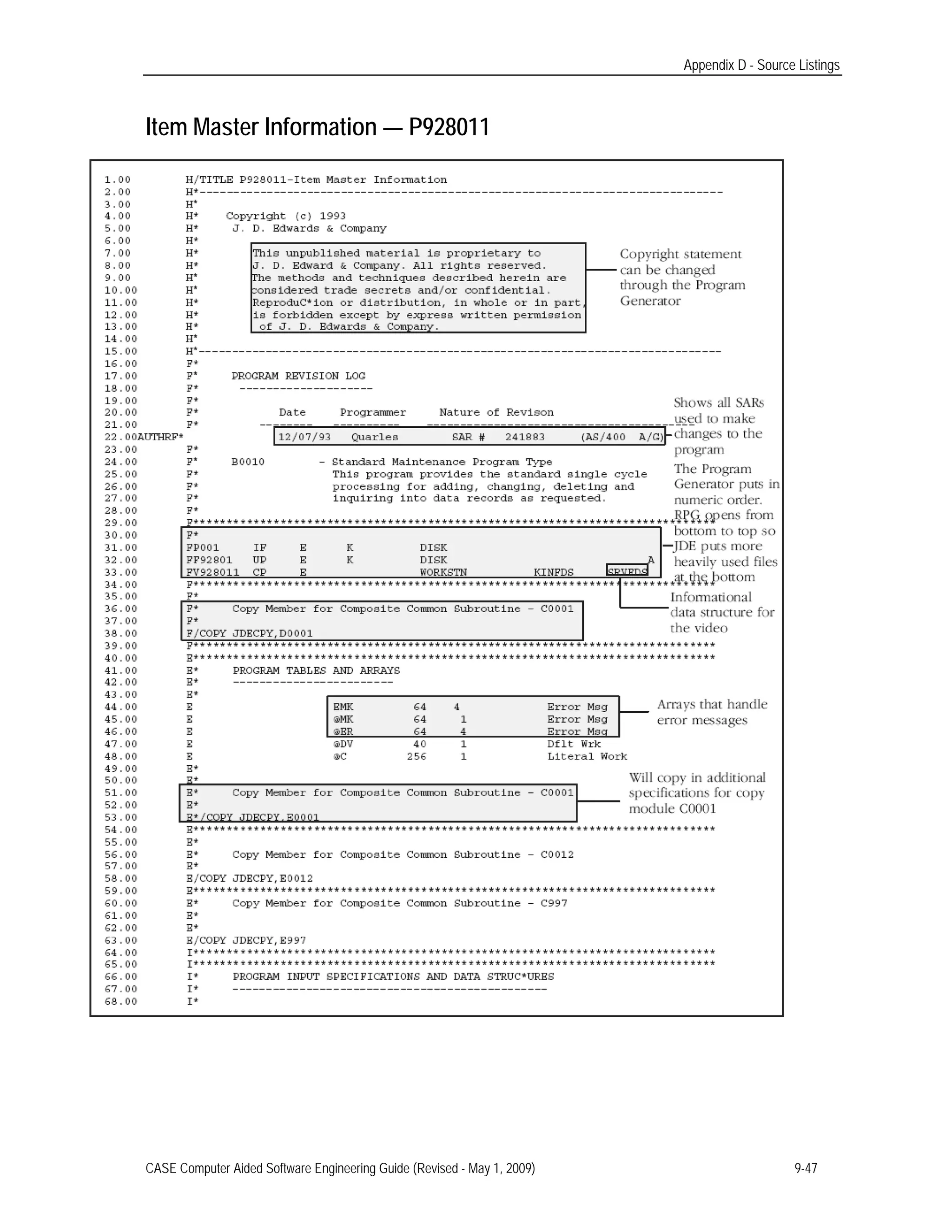 Appendix D - Source Listings
Item Master Information — P928011 

CASE Computer Aided Software Engineering Guide (Revised - May 1, 2009) 9-47
 