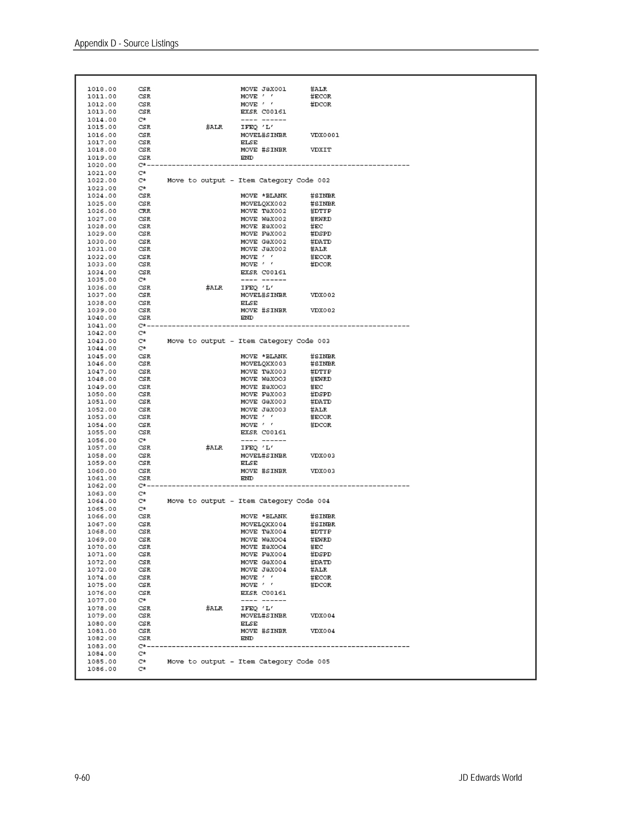 Appendix D - Source Listings
JD Edwards World9-60
 