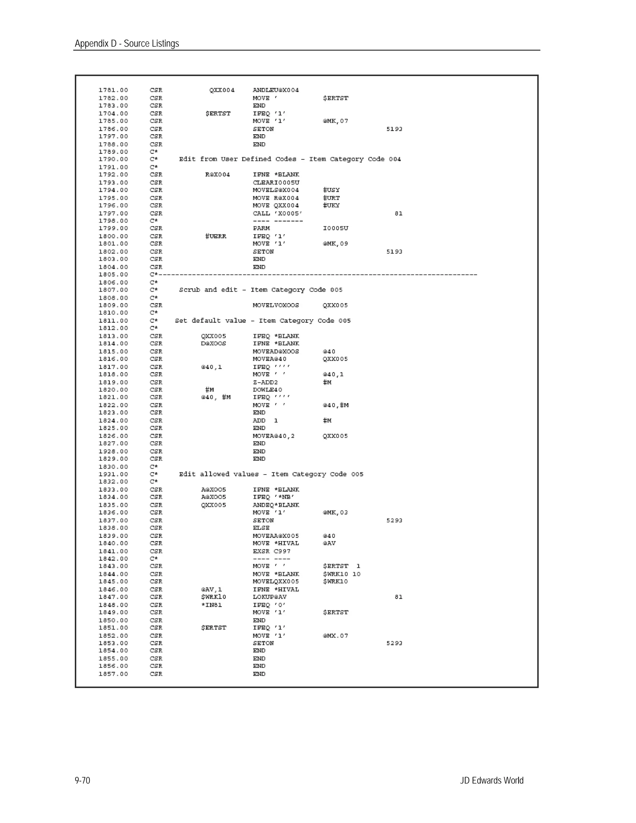 Appendix D - Source Listings
JD Edwards World9-70
 
