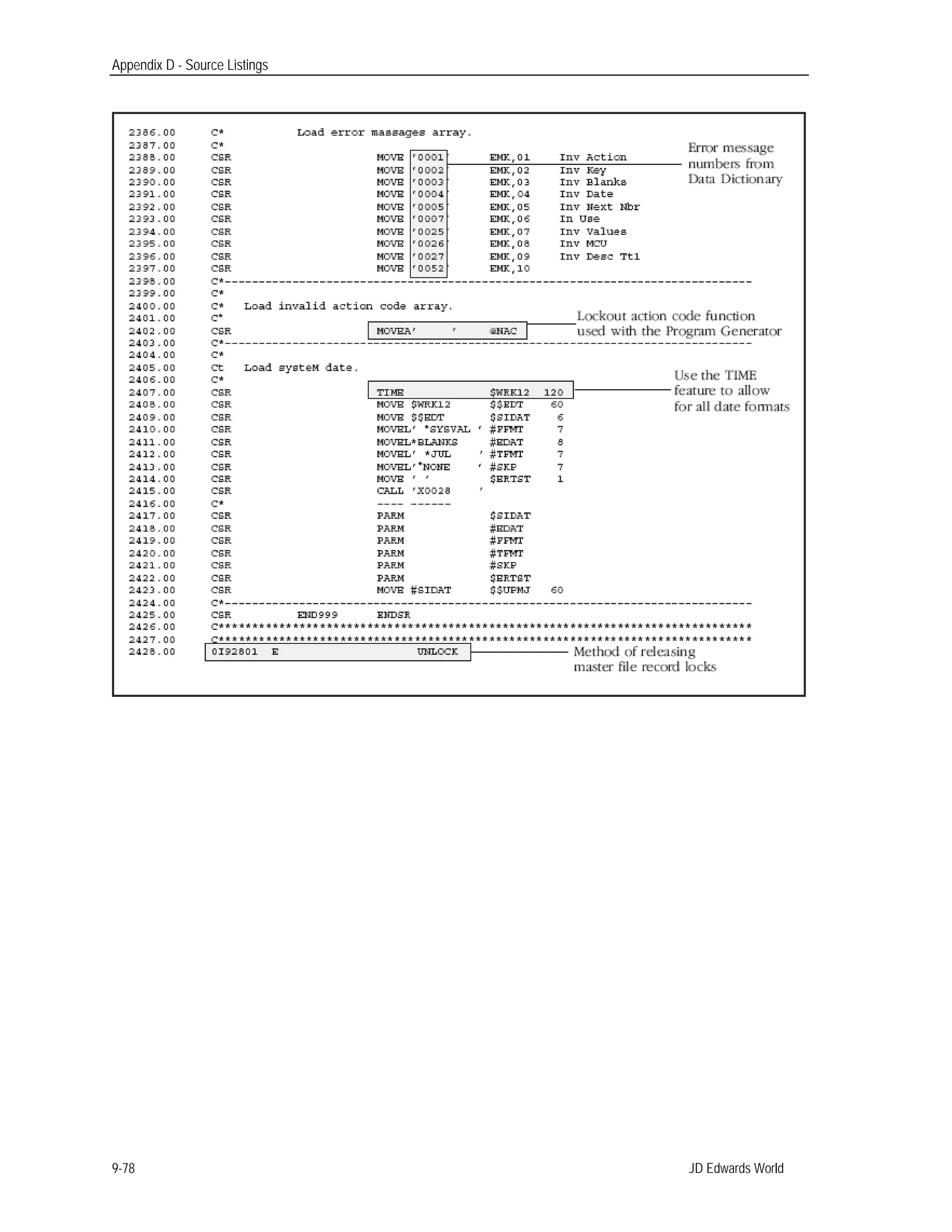 Appendix D - Source Listings
JD Edwards World9-78
 