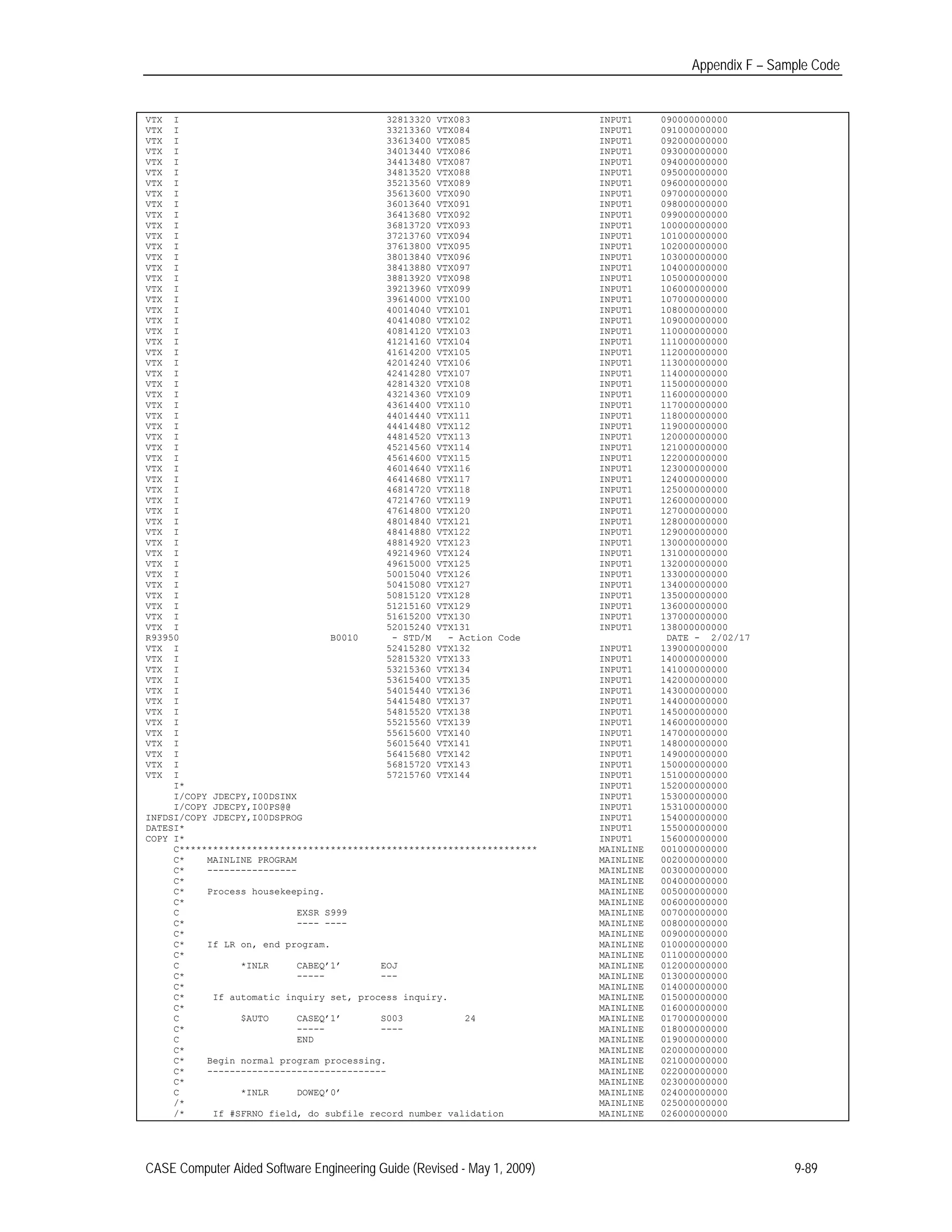 Appendix F – Sample Code
VTX I 32813320 VTX083 INPUT1 090000000000 

VTX I 33213360 VTX084 INPUT1 091000000000 

VTX I 33613400 VTX085 INPUT1 092000000000 

VTX I 34013440 VTX086 INPUT1 093000000000 

VTX I 34413480 VTX087 INPUT1 094000000000 

VTX I 34813520 VTX088 INPUT1 095000000000 

VTX I 35213560 VTX089 INPUT1 096000000000 

VTX I 35613600 VTX090 INPUT1 097000000000 

VTX I 36013640 VTX091 INPUT1 098000000000 

VTX I 36413680 VTX092 INPUT1 099000000000 

VTX I 36813720 VTX093 INPUT1 100000000000 

VTX I 37213760 VTX094 INPUT1 101000000000 

VTX I 37613800 VTX095 INPUT1 102000000000 

VTX I 38013840 VTX096 INPUT1 103000000000 

VTX I 38413880 VTX097 INPUT1 104000000000 

VTX I 38813920 VTX098 INPUT1 105000000000 

VTX I 39213960 VTX099 INPUT1 106000000000 

VTX I 39614000 VTX100 INPUT1 107000000000 

VTX I 40014040 VTX101 INPUT1 108000000000 

VTX I 40414080 VTX102 INPUT1 109000000000 

VTX I 40814120 VTX103 INPUT1 110000000000 

VTX I 41214160 VTX104 INPUT1 111000000000 

VTX I 41614200 VTX105 INPUT1 112000000000 

VTX I 42014240 VTX106 INPUT1 113000000000 

VTX I 42414280 VTX107 INPUT1 114000000000 

VTX I 42814320 VTX108 INPUT1 115000000000 

VTX I 43214360 VTX109 INPUT1 116000000000 

VTX I 43614400 VTX110 INPUT1 117000000000 

VTX I 44014440 VTX111 INPUT1 118000000000 

VTX I 44414480 VTX112 INPUT1 119000000000 

VTX I 44814520 VTX113 INPUT1 120000000000 

VTX I 45214560 VTX114 INPUT1 121000000000 

VTX I 45614600 VTX115 INPUT1 122000000000 

VTX I 46014640 VTX116 INPUT1 123000000000 

VTX I 46414680 VTX117 INPUT1 124000000000 

VTX I 46814720 VTX118 INPUT1 125000000000 

VTX I 47214760 VTX119 INPUT1 126000000000 

VTX I 47614800 VTX120 INPUT1 127000000000 

VTX I 48014840 VTX121 INPUT1 128000000000 

VTX I 48414880 VTX122 INPUT1 129000000000 

VTX I 48814920 VTX123 INPUT1 130000000000 

VTX I 49214960 VTX124 INPUT1 131000000000 

VTX I 49615000 VTX125 INPUT1 132000000000 

VTX I 50015040 VTX126 INPUT1 133000000000 

VTX I 50415080 VTX127 INPUT1 134000000000 

VTX I 50815120 VTX128 INPUT1 135000000000 

VTX I 51215160 VTX129 INPUT1 136000000000 

VTX I 51615200 VTX130 INPUT1 137000000000 

VTX I 52015240 VTX131 INPUT1 138000000000 

R93950 B0010 - STD/M - Action Code DATE - 2/02/17

VTX I 52415280 VTX132 INPUT1 139000000000 

VTX I 52815320 VTX133 INPUT1 140000000000 

VTX I 53215360 VTX134 INPUT1 141000000000 

VTX I 53615400 VTX135 INPUT1 142000000000 

VTX I 54015440 VTX136 INPUT1 143000000000 

VTX I 54415480 VTX137 INPUT1 144000000000 

VTX I 54815520 VTX138 INPUT1 145000000000 

VTX I 55215560 VTX139 INPUT1 146000000000 

VTX I 55615600 VTX140 INPUT1 147000000000 

VTX I 56015640 VTX141 INPUT1 148000000000 

VTX I 56415680 VTX142 INPUT1 149000000000 

VTX I 56815720 VTX143 INPUT1 150000000000 

VTX I 57215760 VTX144 INPUT1 151000000000 

I* INPUT1 152000000000 

I/COPY JDECPY,I00DSINX INPUT1 153000000000 

I/COPY JDECPY,I00PS@@ INPUT1 153100000000 

INFDSI/COPY JDECPY,I00DSPROG INPUT1 154000000000 

DATESI* INPUT1 155000000000 

COPY I* INPUT1 156000000000 

C**************************************************************** MAINLINE 001000000000
C* MAINLINE PROGRAM MAINLINE 002000000000
C* ---------------- MAINLINE 003000000000
C* MAINLINE 004000000000
C* Process housekeeping. MAINLINE 005000000000
C* MAINLINE 006000000000
C EXSR S999 MAINLINE 007000000000
C* ---- ---- MAINLINE 008000000000
C* MAINLINE 009000000000
C* If LR on, end program. MAINLINE 010000000000
C* MAINLINE 011000000000
C *INLR CABEQ’1’ EOJ MAINLINE 012000000000
C* ----- --- MAINLINE 013000000000
C* MAINLINE 014000000000
C* If automatic inquiry set, process inquiry. MAINLINE 015000000000
C* MAINLINE 016000000000
C $AUTO CASEQ’1’ S003 24 MAINLINE 017000000000
C* ----- ---- MAINLINE 018000000000
C END MAINLINE 019000000000
C* MAINLINE 020000000000
C* Begin normal program processing. MAINLINE 021000000000
C* -------------------------------- MAINLINE 022000000000
C* MAINLINE 023000000000
C *INLR DOWEQ’0’ MAINLINE 024000000000
/* MAINLINE 025000000000
/* If #SFRNO field, do subfile record number validation MAINLINE 026000000000
CASE Computer Aided Software Engineering Guide (Revised - May 1, 2009) 9-89
 