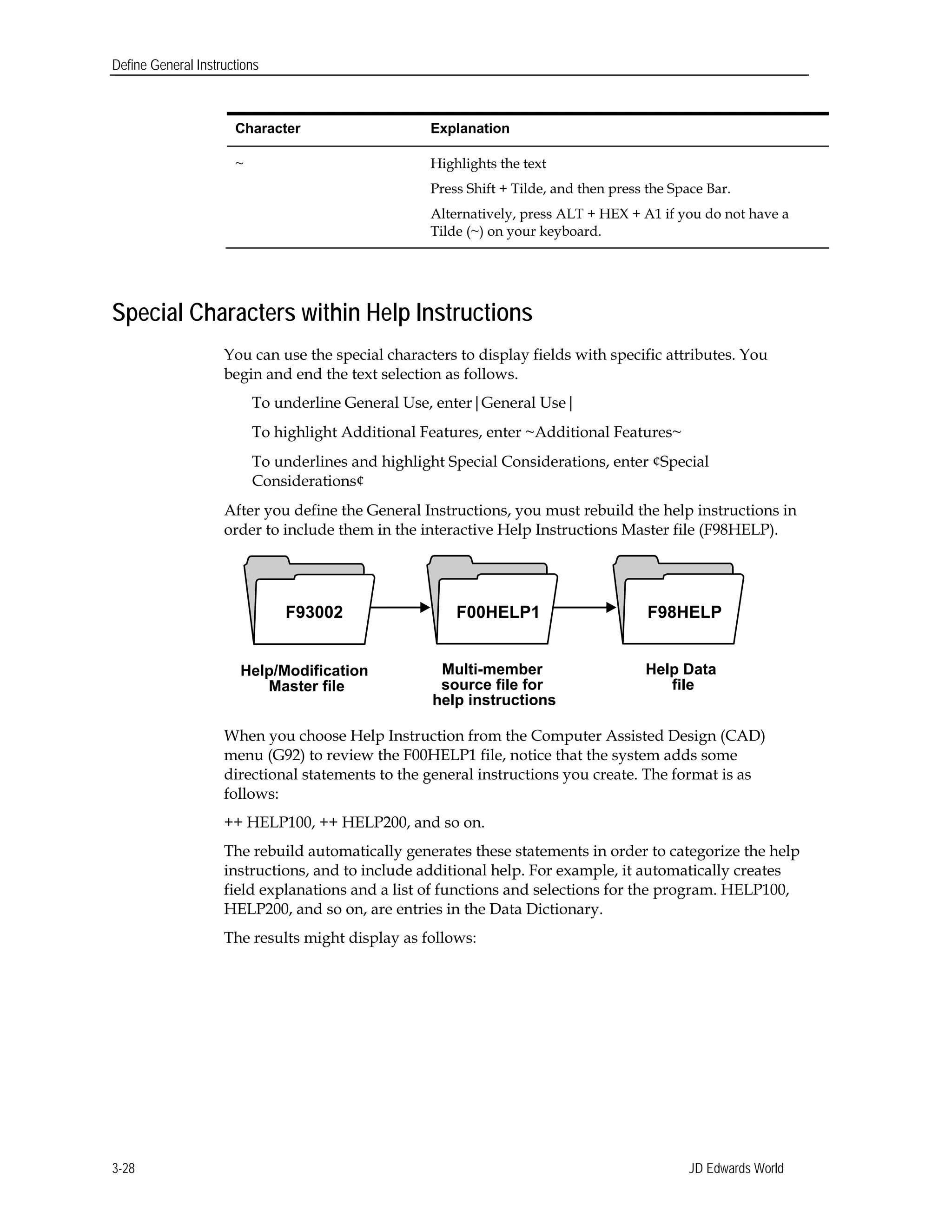 Define General Instructions
Character 	Explanation
~ 	 Highlights the text
Press Shift + Tilde, and then press the Space Bar.
Alternatively, press ALT + HEX + A1 if you do not have a
Tilde (~) on your keyboard.
Special Characters within Help Instructions
You can use the special characters to display fields with specific attributes. You
begin and end the text selection as follows.
To underline General Use, enter|General Use|
To highlight Additional Features, enter ~Additional Features~ 

To underlines and highlight Special Considerations, enter ¢Special

Considerations¢

After you define the General Instructions, you must rebuild the help instructions in
order to include them in the interactive Help Instructions Master file (F98HELP).
F93002 F00HELP1 F98HELP
Help/Modification Multi-member Help Data

Master file source file for file

help instructions

When you choose Help Instruction from the Computer Assisted Design (CAD)
menu (G92) to review the F00HELP1 file, notice that the system adds some
directional statements to the general instructions you create. The format is as
follows:
++ HELP100, ++ HELP200, and so on.
The rebuild automatically generates these statements in order to categorize the help
instructions, and to include additional help. For example, it automatically creates
field explanations and a list of functions and selections for the program. HELP100,
HELP200, and so on, are entries in the Data Dictionary.
The results might display as follows:
JD Edwards World3-28
 
