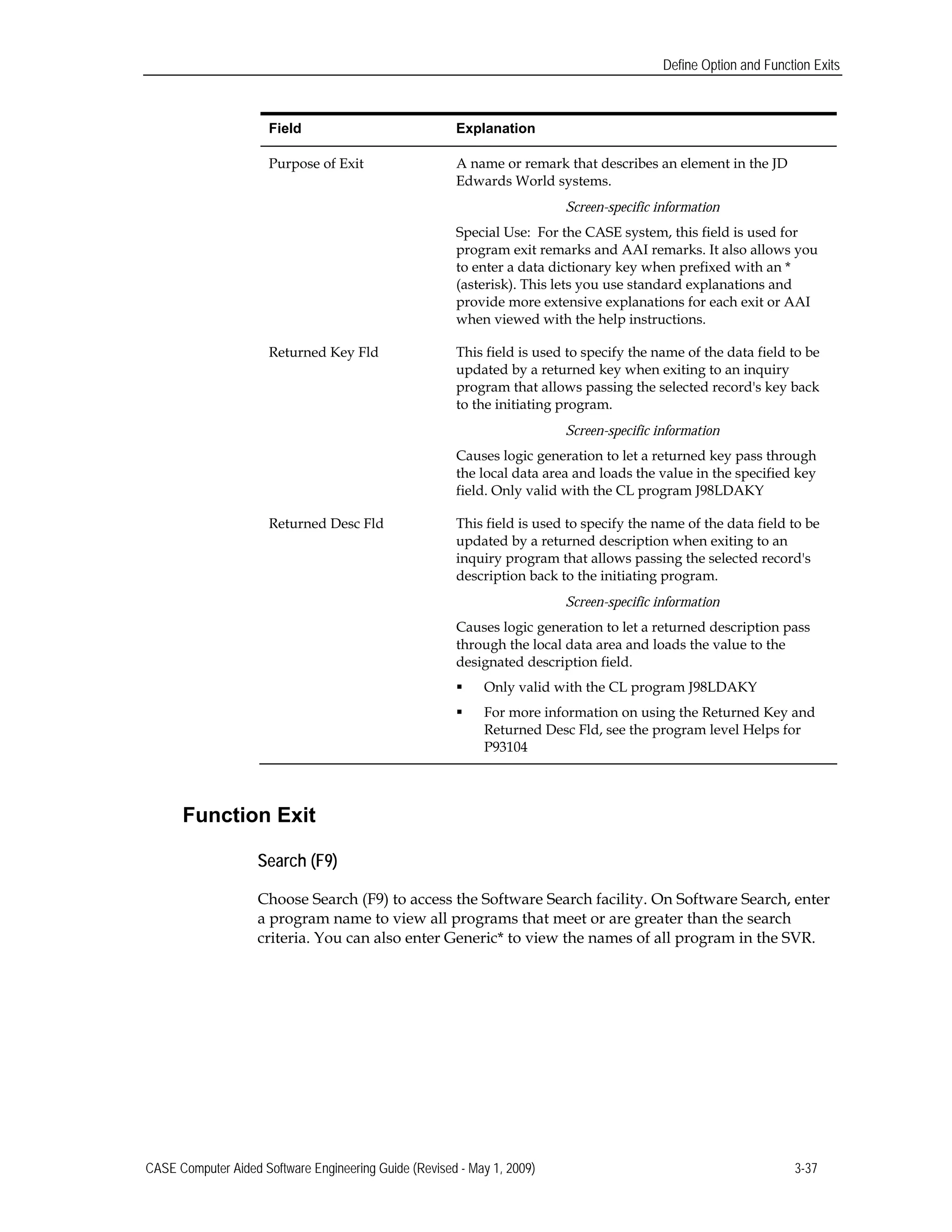 Define Option and Function Exits
Field 	Explanation
Purpose of Exit	 A name or remark that describes an element in the JD
Edwards World systems.
Screen-specific information
Special Use: For the CASE system, this field is used for
program exit remarks and AAI remarks. It also allows you
to enter a data dictionary key when prefixed with an *
(asterisk). This lets you use standard explanations and
provide more extensive explanations for each exit or AAI
when viewed with the help instructions.
Returned Key Fld	 This field is used to specify the name of the data field to be
updated by a returned key when exiting to an inquiry
program that allows passing the selected record's key back
to the initiating program.
Screen-specific information
Causes logic generation to let a returned key pass through
the local data area and loads the value in the specified key
field. Only valid with the CL program J98LDAKY
Returned Desc Fld 	 This field is used to specify the name of the data field to be
updated by a returned description when exiting to an
inquiry program that allows passing the selected record's
description back to the initiating program.
Screen-specific information
Causes logic generation to let a returned description pass
through the local data area and loads the value to the
designated description field.
 Only valid with the CL program J98LDAKY
 For more information on using the Returned Key and
Returned Desc Fld, see the program level Helps for
P93104
Function Exit
Search (F9)
Choose Search (F9) to access the Software Search facility. On Software Search, enter
a program name to view all programs that meet or are greater than the search
criteria. You can also enter Generic* to view the names of all program in the SVR.
CASE Computer Aided Software Engineering Guide (Revised - May 1, 2009) 3-37
 