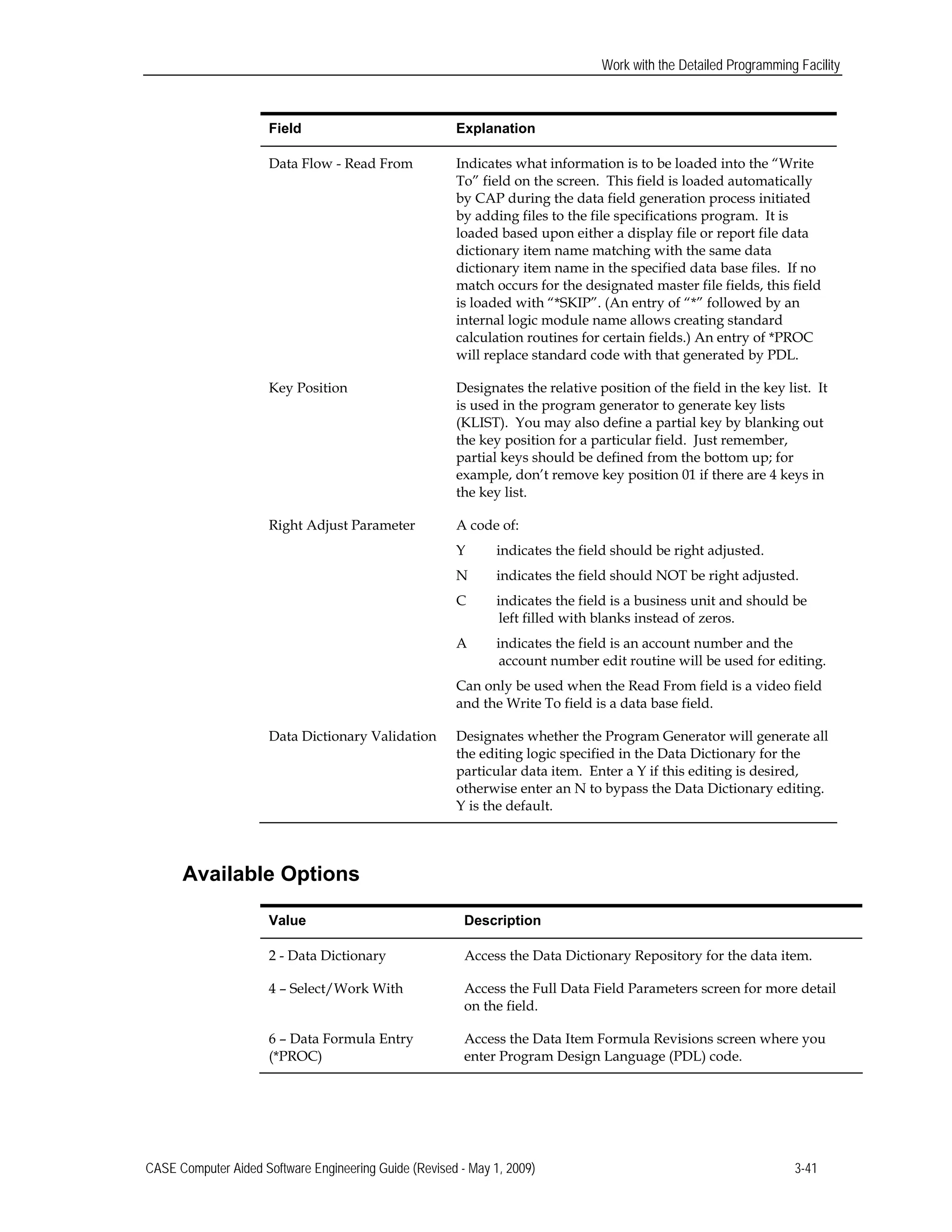 Work with the Detailed Programming Facility
Field 	Explanation
Data Flow - Read From 	 Indicates what information is to be loaded into the “Write
To” field on the screen. This field is loaded automatically
by CAP during the data field generation process initiated
by adding files to the file specifications program. It is
loaded based upon either a display file or report file data
dictionary item name matching with the same data
dictionary item name in the specified data base files. If no
match occurs for the designated master file fields, this field
is loaded with “*SKIP”. (An entry of “*” followed by an
internal logic module name allows creating standard
calculation routines for certain fields.) An entry of *PROC
will replace standard code with that generated by PDL.
Key Position 	 Designates the relative position of the field in the key list. It
is used in the program generator to generate key lists
(KLIST). You may also define a partial key by blanking out
the key position for a particular field. Just remember,
partial keys should be defined from the bottom up; for
example, don’t remove key position 01 if there are 4 keys in
the key list.
Right Adjust Parameter 	 A code of:
Y indicates the field should be right adjusted.
N indicates the field should NOT be right adjusted.
C indicates the field is a business unit and should be
left filled with blanks instead of zeros.
A 	 indicates the field is an account number and the
account number edit routine will be used for editing.
Can only be used when the Read From field is a video field
and the Write To field is a data base field.
Data Dictionary Validation 	 Designates whether the Program Generator will generate all
the editing logic specified in the Data Dictionary for the
particular data item. Enter a Y if this editing is desired,
otherwise enter an N to bypass the Data Dictionary editing.
Y is the default.
Available Options
Value Description
2 - Data Dictionary Access the Data Dictionary Repository for the data item.
4 – Select/Work With Access the Full Data Field Parameters screen for more detail
on the field.
6 – Data Formula Entry Access the Data Item Formula Revisions screen where you
(*PROC) enter Program Design Language (PDL) code.
CASE Computer Aided Software Engineering Guide (Revised - May 1, 2009) 3-41
 