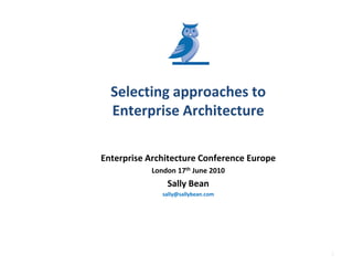 Selecting approaches to
  Enterprise Architecture

Enterprise Architecture Conference Europe
           London 17th June 2010
               Sally Bean
              sally@sallybean.com




                                            2
 