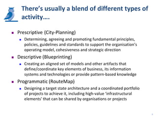 There’s usually a blend of different types of
        activity….

   Prescriptive (City-Planning)
        Determining, agreeing and promoting fundamental principles,
         policies, guidelines and standards to support the organisation’s
         operating model, cohesiveness and strategic direction
   Descriptive (Blueprinting)
        Creating an aligned set of models and other artifacts that
         define/coordinate key elements of business, its information
         systems and technologies or provide pattern-based knowledge
   Programmatic (RouteMap)
        Designing a target state architecture and a coordinated portfolio
         of projects to achieve it, including high-value ‘infrastructural
         elements’ that can be shared by organisations or projects


                                                                             6
 