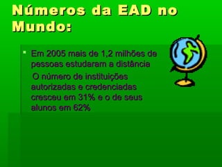 Números da EAD noNúmeros da EAD no
Mundo:Mundo:
 Em 2005 mais de 1,2 milhões deEm 2005 mais de 1,2 milhões de
pessoas estudaram a distânciapessoas estudaram a distância
O número de instituiçõesO número de instituições
autorizadas e credenciadasautorizadas e credenciadas
cresceu em 31% e o de seuscresceu em 31% e o de seus
alunos em 62%alunos em 62%
 