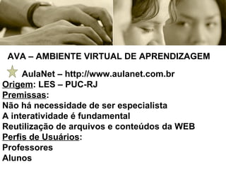 AVA – AMBIENTE VIRTUAL DE APRENDIZAGEM AulaNet – http://www.aulanet.com.br Origem : LES – PUC-RJ Premissas :  Não há necessidade de ser especialista A interatividade é fundamental Reutilização de arquivos e conteúdos da WEB Perfis de Usuários : Professores Alunos 