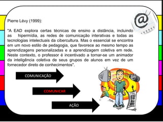Pierre Lévy (1999): "A EAD explora certas técnicas de ensino a distância, incluindo as   hipermídia, as redes de comunicação interativas e todas as tecnologias intelectuais da cibercultura. Mas o essencial se encontra em um novo estilo de pedagogia, que favorece ao mesmo tempo as aprendizagens personalizadas e a aprendizagem coletiva em rede. Neste contexto, o professor é incentivado a tornar-se um animador da inteligência coletiva de seus grupos de alunos em vez de um fornecedor direto de conhecimentos".COMUNICAÇÃOCOMUNICARAÇÃO
