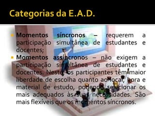 Categorias da E.A.D.Momentos síncronos – requerem a participação simultânea de estudantes e docentes;Momentos assíncronos – não exigem a participação simultânea de estudantes e docentes. Neste, os participantes têm maior liberdade de escolha quanto ao local, hora e material de estudo, podendo selecionar os mais adequados às suas necessidades. São mais flexíveis que os momentos síncronos.