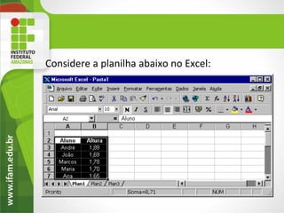 Considere a planilha abaixo no Excel:
 