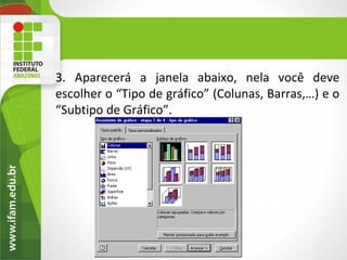 3. Aparecerá a janela abaixo, nela você deve
escolher o “Tipo de gráfico” (Colunas, Barras,…) e o
“Subtipo de Gráfico”.
 