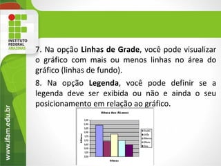 7. Na opção Linhas de Grade, você pode visualizar
o gráfico com mais ou menos linhas no área do
gráfico (linhas de fundo).
8. Na opção Legenda, você pode definir se a
legenda deve ser exibida ou não e ainda o seu
posicionamento em relação ao gráfico.
 