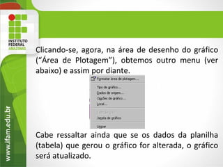 Clicando-se, agora, na área de desenho do gráfico
(“Área de Plotagem”), obtemos outro menu (ver
abaixo) e assim por diante.




Cabe ressaltar ainda que se os dados da planilha
(tabela) que gerou o gráfico for alterada, o gráfico
será atualizado.
 