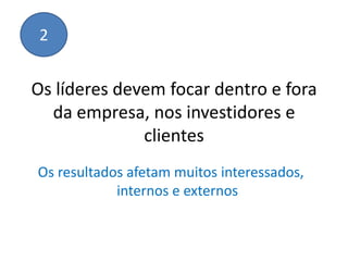2


Os líderes devem focar dentro e fora
  da empresa, nos investidores e
              clientes
Os resultados afetam muitos interessados,
            internos e externos
 
