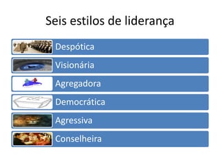 Seis estilos de liderança
 Despótica
 Visionária
 Agregadora
 Democrática
 Agressiva
 Conselheira
 