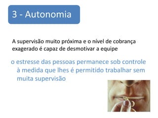 3 - Autonomia

A supervisão muito próxima e o nível de cobrança
exagerado é capaz de desmotivar a equipe

o estresse das pessoas permanece sob controle
  à medida que lhes é permitido trabalhar sem
  muita supervisão
 