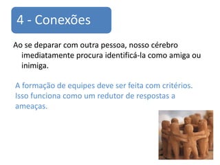4 - Conexões
Ao se deparar com outra pessoa, nosso cérebro
  imediatamente procura identificá-la como amiga ou
  inimiga.

A formação de equipes deve ser feita com critérios.
Isso funciona como um redutor de respostas a
ameaças.
 