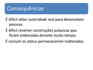Consequências
É difícil obter autoridade real para desenvolver
  pessoas.
É difícil reverter construções psíquicas que
  foram elaboradas durante muito tempo.
É comum os status permanecerem inalterados.
 
