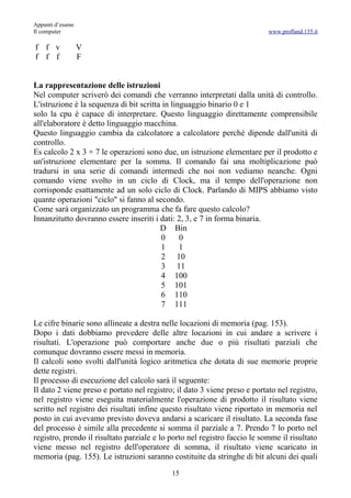 Appunti d’esame
Il computer                                                                www.profland.135.it

f f v             V
f f f             F


La rappresentazione delle istruzioni
Nel computer scriverò dei comandi che verranno interpretati dalla unità di controllo.
L'istruzione è la sequenza di bit scritta in linguaggio binario 0 e 1
solo la cpu è capace di interpretare. Questo linguaggio direttamente comprensibile
all'elaboratore è detto linguaggio macchina.
Questo linguaggio cambia da calcolatore a calcolatore perché dipende dall'unità di
controllo.
Es calcolo 2 x 3 + 7 le operazioni sono due, un istruzione elementare per il prodotto e
un'istruzione elementare per la somma. Il comando fai una moltiplicazione può
tradursi in una serie di comandi intermedi che noi non vediamo neanche. Ogni
comando viene svolto in un ciclo di Clock, ma il tempo dell'operazione non
corrisponde esattamente ad un solo ciclo di Clock. Parlando di MIPS abbiamo visto
quante operazioni "ciclo" si fanno al secondo.
Come sarà organizzato un programma che fa fare questo calcolo?
Innanzitutto dovranno essere inseriti i dati: 2, 3, e 7 in forma binaria.
                                         D Bin
                                         0      0
                                         1      1
                                         2 10
                                         3 11
                                         4 100
                                         5 101
                                         6 110
                                         7 111

Le cifre binarie sono allineate a destra nelle locazioni di memoria (pag. 153).
Dopo i dati dobbiamo prevedere delle altre locazioni in cui andare a scrivere i
risultati. L'operazione può comportare anche due o più risultati parziali che
comunque dovranno essere messi in memoria.
Il calcoli sono svolti dall'unità logico aritmetica che dotata di sue memorie proprie
dette registri.
Il processo di esecuzione del calcolo sarà il seguente:
Il dato 2 viene preso e portato nel registro; il dato 3 viene preso e portato nel registro,
nel registro viene eseguita materialmente l'operazione di prodotto il risultato viene
scritto nel registro dei risultati infine questo risultato viene riportato in memoria nel
posto in cui avevamo previsto doveva andarsi a scaricare il risultato. La seconda fase
del processo è simile alla precedente si somma il parziale a 7. Prendo 7 lo porto nel
registro, prendo il risultato parziale e lo porto nel registro faccio le somme il risultato
viene messo nel registro dell'operatore di somma, il risultato viene scaricato in
memoria (pag. 155). Le istruzioni saranno costituite da stringhe di bit alcuni dei quali
                                            15
 
