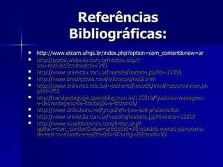 Referências Bibliográficas: http://www.etcom.ufrgs.br/index. php ? option = com_content&view =ar http://portal.webaula.com.br/noticia.aspx?sm=noticias&codnoticia=340 http://www.universia.com.br/materia/materia.jsp?id=13800 http://www.brasilescola.com/educacao/ead2.htm http://www.unilavras.edu.br/~palhares/moodle/mod/resource/view.php?id=765 http://carolpedagogia.spaceblog.com.br/115819/Quais-as-vantagens-e-desvantagens-da-Educação-a-distancia/ http://www.slideshare.net/grupofv/o-que-ead-presentation http://www.universia.com.br/materia/materia.jsp?materia=13807 http://www.osvaldomorais.com/index.php?option=com_content&view=article&id=78:osvaldo-morais-panorama-da-ead-no-mundo-atual&catid=47:artigos&Itemid=90 