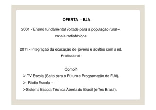 OFERTA - EJA

2001 - Ensino fundamental voltado para a população rural –
                     canais radiofônicos


2011 - Integração da educação de jovens e adultos com a ed.
                        Profissional


                          Como?
   TV Escola (Salto para o Futuro e Programação de EJA).
    Rádio Escola –
   Sistema Escola Técnica Aberta do Brasil (e-Tec Brasil).
 