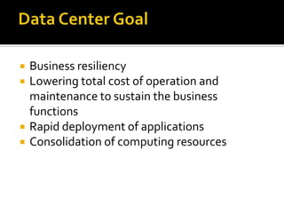 





Business resiliency
Lowering total cost of operation and
maintenance to sustain the business
functions
Rapid deployment of applications
Consolidation of computing resources

 
