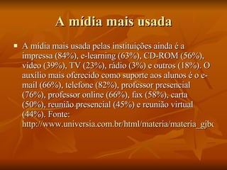 A mídia mais usada A mídia mais usada pelas instituições ainda é a impressa (84%), e-learning (63%), CD-ROM (56%), vídeo (39%), TV (23%), rádio (3%) e outros (18%). O auxílio mais oferecido como suporte aos alunos é o e-mail (66%), telefone (82%), professor presencial (76%), professor online (66%), fax (58%), carta (50%), reunião presencial (45%) e reunião virtual (44%). Fonte:  http://www.universia.com.br/html/materia/materia_gjbd.html 