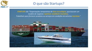 O que são Startups?
STARTUPS são “Organizações temporárias de base tecnológica, que buscam um
modelo de negócios repetível, escalável e lucrativo.
Trabalham para fornecer produtos ou serviços em condições de extrema incerteza.”
 