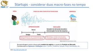 Startups - considerar duas macro-fases no tempo
Na aprendizagem ocorre a busca pelo modelo de negócio e o ajuste do Produto ao Mercado.
Considerando-se Hipóteses e Validações sobre: Cliente , Problema, Solução, Preço, Distribuição, etc.
Vide: http://bit.ly/CustDev-SB
 
