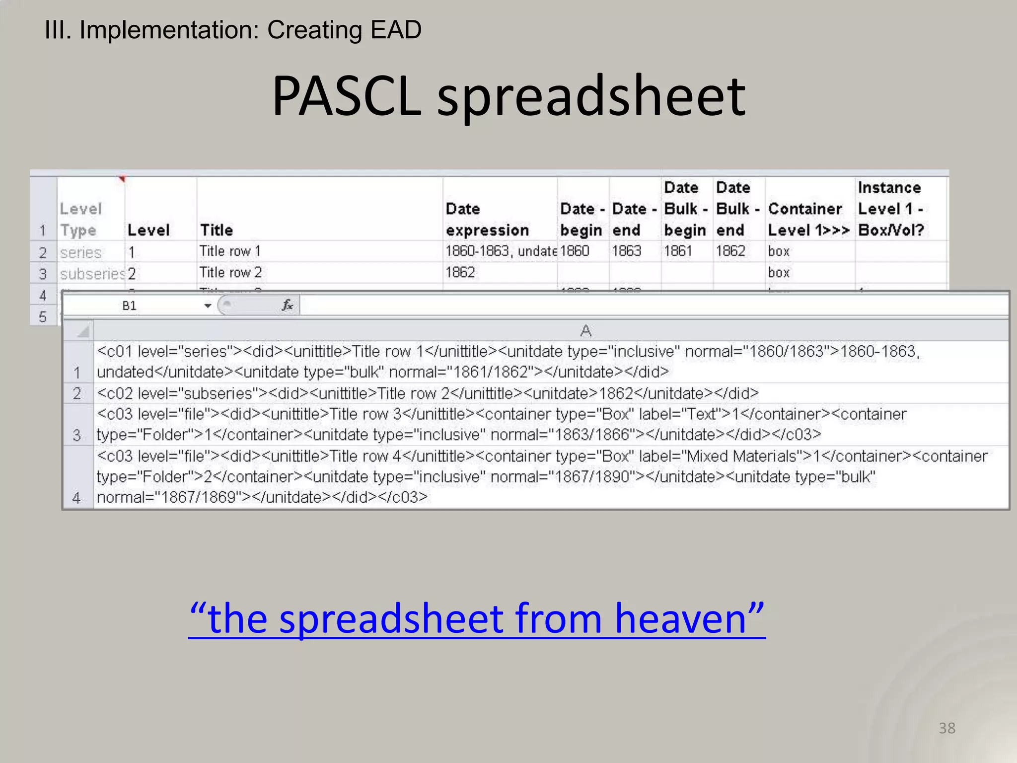 III. Implementation: Creating EAD


                   PASCL spreadsheet




            “the spreadsheet from heaven”

                                            38
 