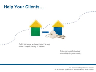 Sell their home and purchase the next
home closer to family or friends
Help Your Clients…
Enjoy carefree living in a
senior housing community
This document is for professional use only.
Do not distribute to the public or reproduce without written consent.
 