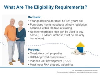 Borrower:
• Youngest titleholder must be 62+ years old
• Purchased home must be a primary residence
occupied within 60 days of closing
• No other mortgage loan can be used to buy
home (HECM for Purchase must be the only
home loan)
Property:
• One-to-four unit properties
• HUD-Approved condominium
• Planned unit development (PUD)
• Must meet FHA property guidelines
What Are The Eligibility Requirements?
This document is for professional use only.
Do not distribute to the public or reproduce without written consent.
 
