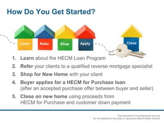 1. Learn about the HECM Loan Program
2. Refer your clients to a qualified reverse mortgage specialist
3. Shop for New Home with your client
4. Buyer applies for a HECM for Purchase loan
(after an accepted purchase offer between buyer and seller)
5. Close on new home using proceeds from
HECM for Purchase and customer down payment
Learn Refer Shop CloseApply
How Do You Get Started?
This document is for professional use only.
Do not distribute to the public or reproduce without written consent.
 