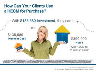 How Can Your Clients Use
a HECM for Purchase?
$135,580
Home in Cash
With HECM for
Purchase Loan1
$300,000
Home
1 This example is based on the youngest borrower, who is 71 years old, a variable rate HECM for Purchase loan with an initial interest rate of 2.430% (which consists of a Libor index rate of 0.180% and a
margin of 2.250%). It is based on a purchase price of $300,000, origination charges of $5,000, a mortgage insurance premium of $7,500, other settlement costs of $2,373; amortized over 168 months,
with total finance charges of $122,466.55 and an annual percentage rate of 4.37%. Interest rates may vary and the stated rate may change or not be available at the time of loan commitment or lock-in.
OR
With $135,580 Investment, they can buy
This document is for professional use only.
Do not distribute to the public or reproduce without written consent.
 