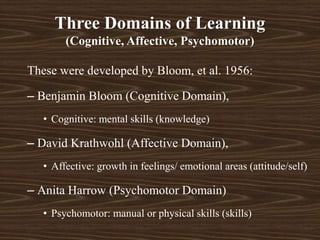 Three Domains of Learning
(Cognitive, Affective, Psychomotor)
These were developed by Bloom, et al. 1956:
– Benjamin Bloom (Cognitive Domain),
• Cognitive: mental skills (knowledge)
– David Krathwohl (Affective Domain),
• Affective: growth in feelings/ emotional areas (attitude/self)
– Anita Harrow (Psychomotor Domain)
• Psychomotor: manual or physical skills (skills)
 