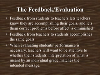 • Feedback from students to teachers lets teachers
know they are accomplishing their goals, and lets
them correct problems before affect is diminished
• Feedback from teachers to students accomplishes
the same goals
• When evaluating students' performance is
necessary, teachers will want to be attentive to
whether their students' interpretation of what is
meant by an individual grade matches the
intended message.
The Feedback/Evaluation
 