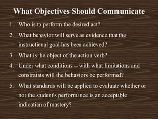 1. Who is to perform the desired act?
2. What behavior will serve as evidence that the
instructional goal has been achieved?
3. What is the object of the action verb?
4. Under what conditions -- with what limitations and
constraints will the behaviors be performed?
5. What standards will be applied to evaluate whether or
not the student's performance is an acceptable
indication of mastery?
What Objectives Should Communicate
 